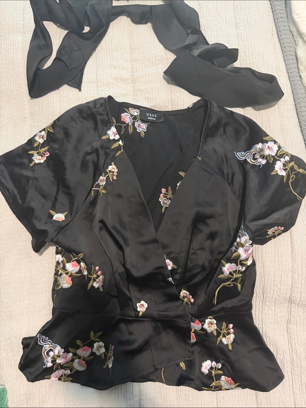 VICI Black Satin Floral Embroidered Wrap Blouse